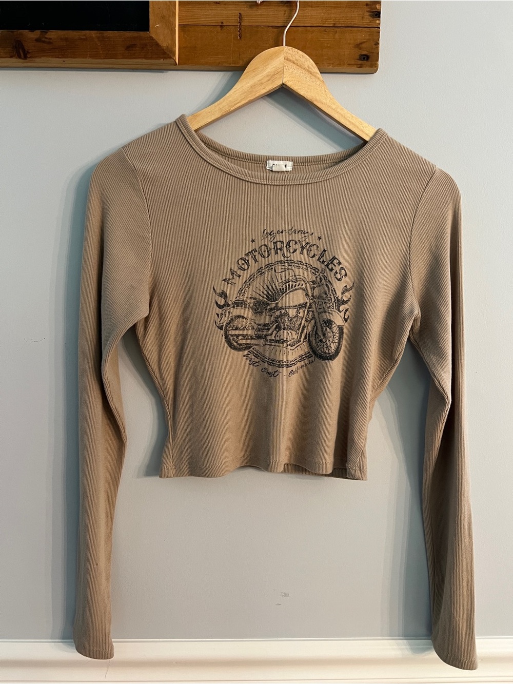 Garage Beige Ribbed Cropped Motorcycle Graphic Long Sleeve Top Y2K